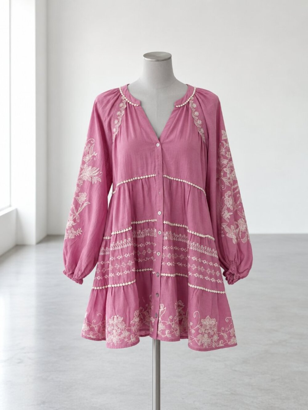 Hale Bob Pink Embroidered Boho Dress